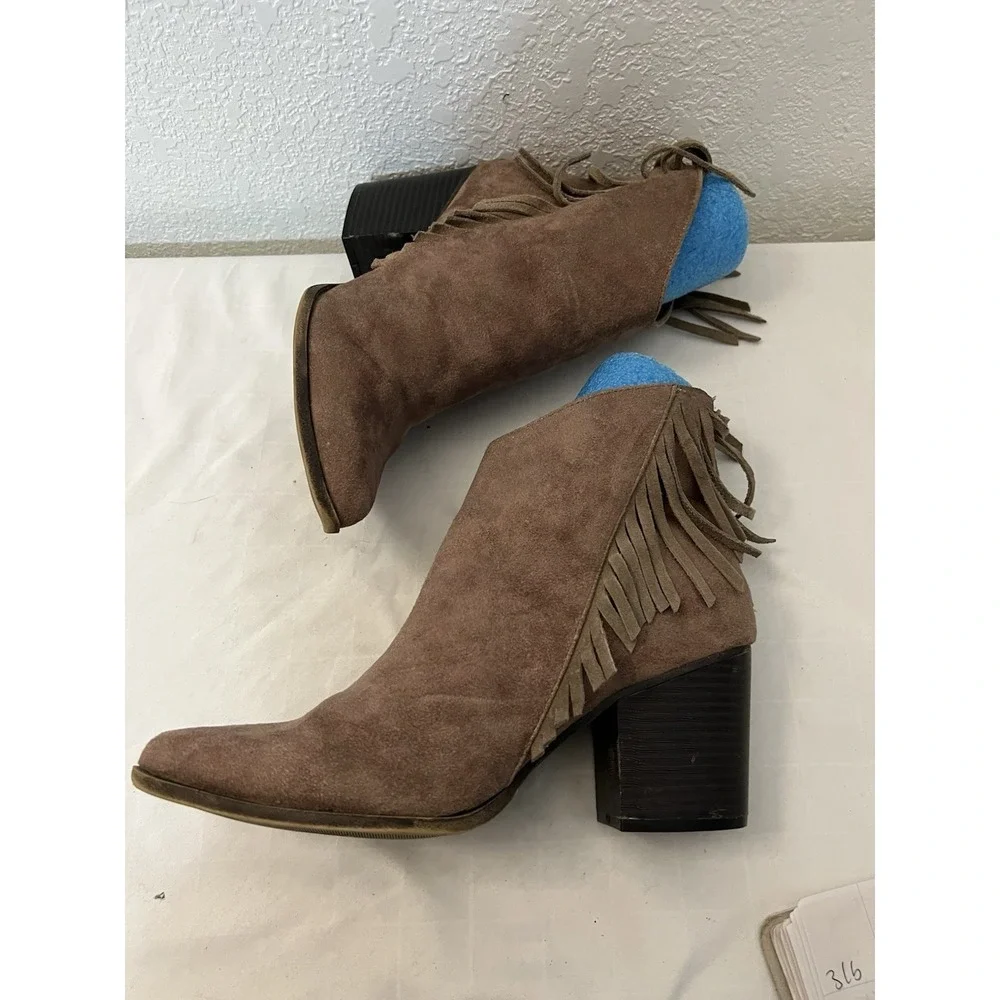 Boots Size 9.5 Tan Fringe Mossimo Suede Leather Ankle‎ Womens Boho Weatern 17730 - Picture 3 of 10